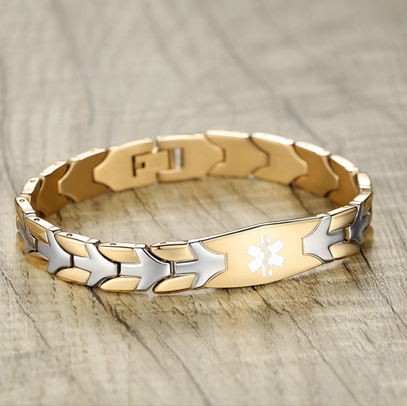 Medical Alert Diabetes Bracelet 316L Stainless Steel Gold Silver Link UNISEX - Picture 1 of 6